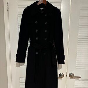 DKNY Long Double-Breasted Wool & Cashmere Blend Trench Coat – Black – Size 6